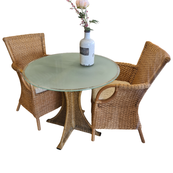 Eetsetje 90 cm Ronde Tafel en 2 Rotan Stoelen met Kussens Jubileumaanbieding 🎉