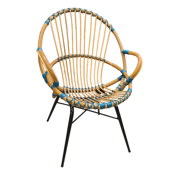 Retro Rotan Kuipje Blauw + Zwart Onderstel