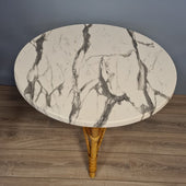Tafel Rond Rotan Driepoot Werzalit Blad Marmer Wit