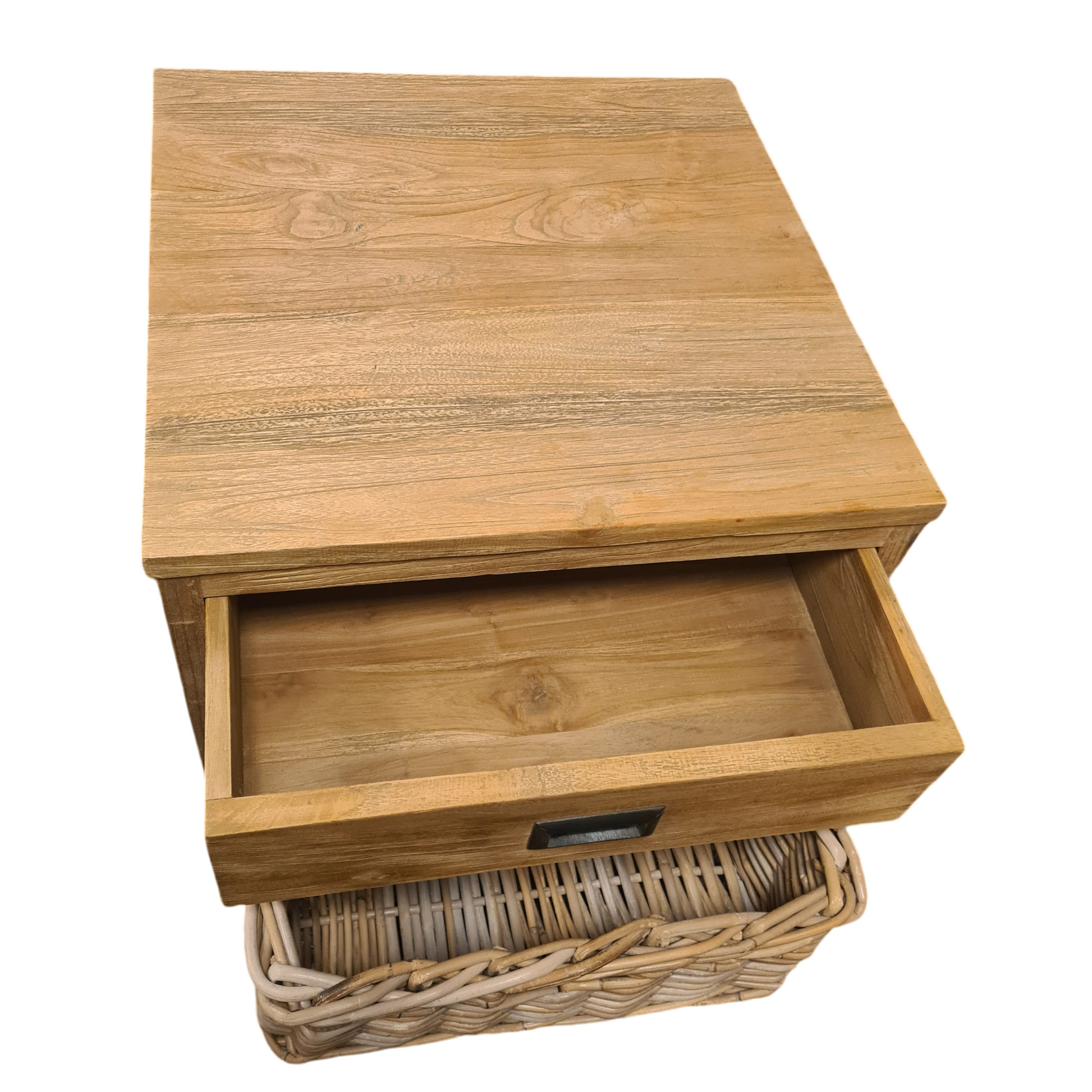 Tafeltje Oud Hout met Lade en Rotan Mand