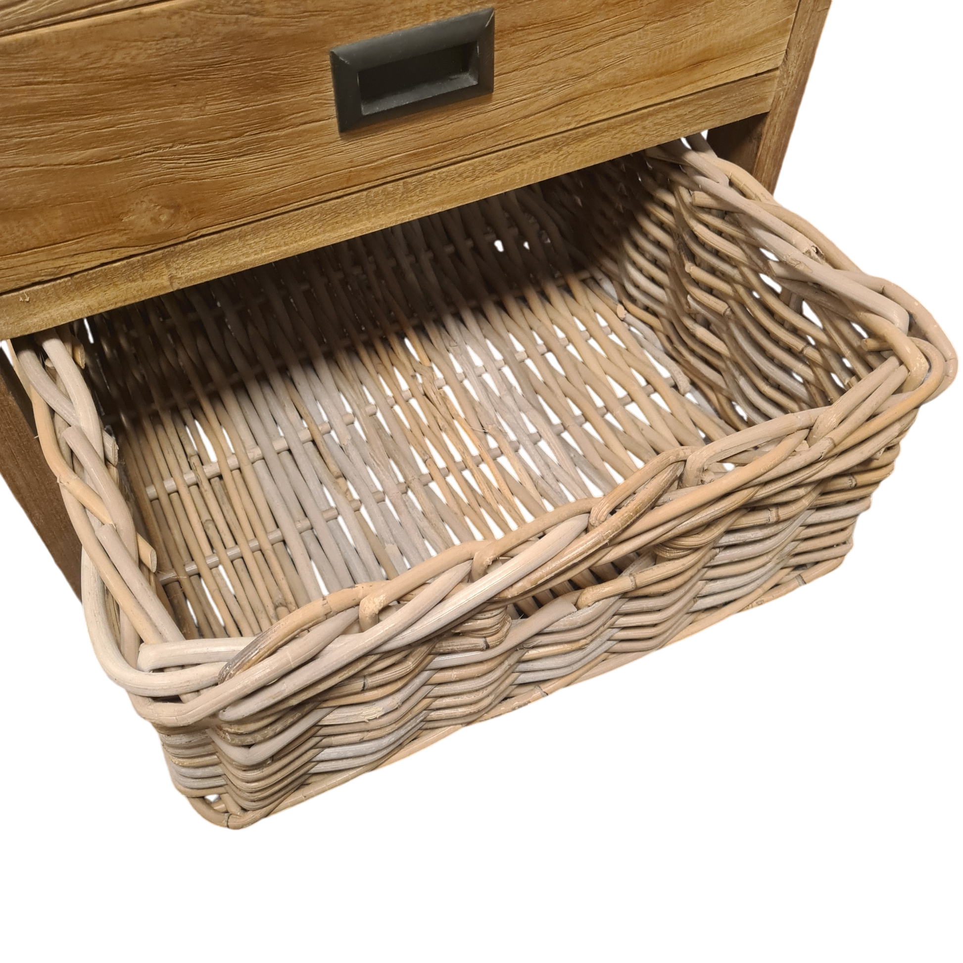 Tafeltje Oud Hout met Lade en Rotan Mand
