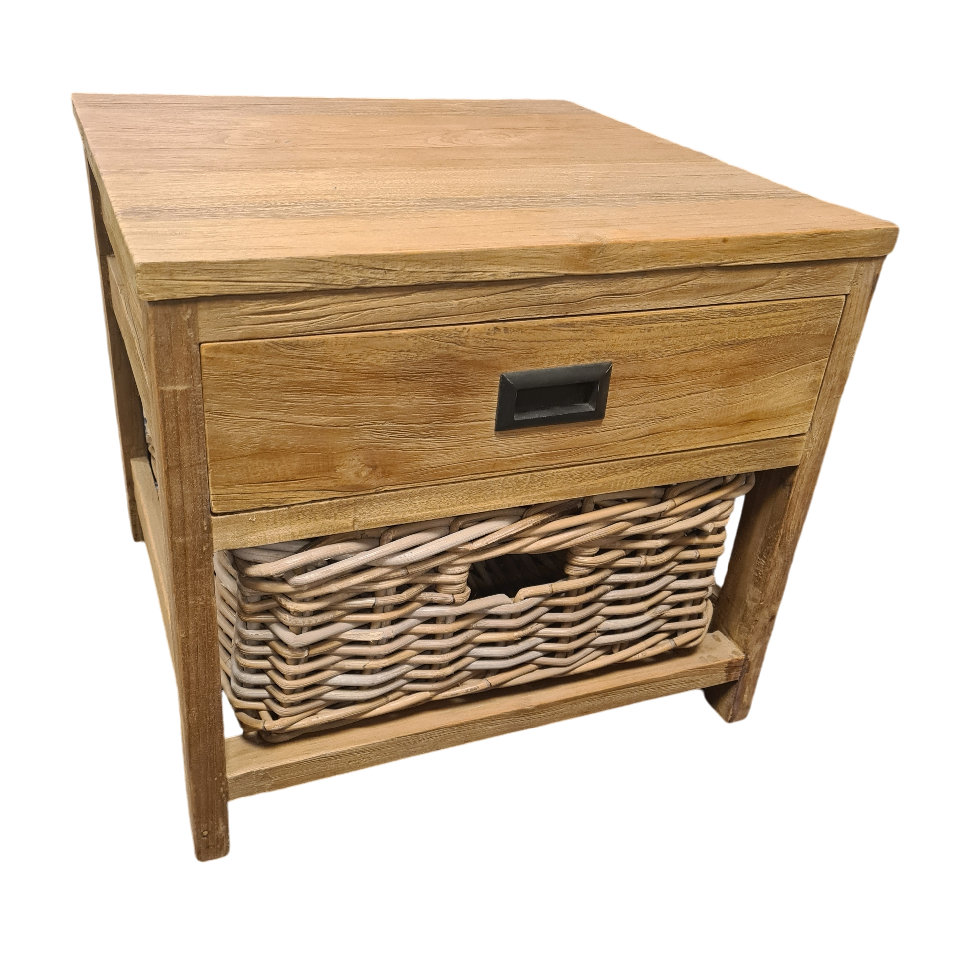 Tafeltje Oud Hout met Lade en Rotan Mand