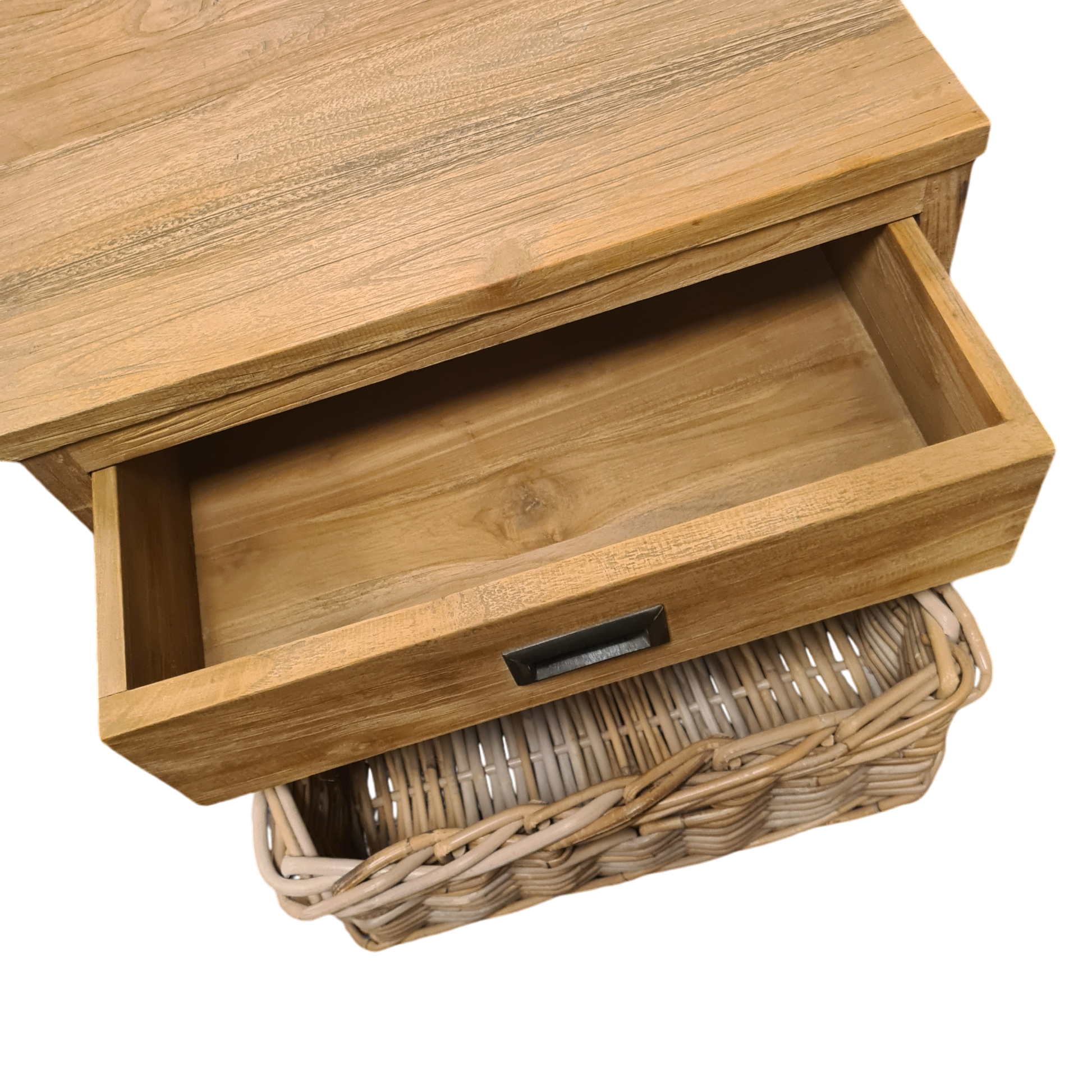 Tafeltje Oud Hout met Lade en Rotan Mand